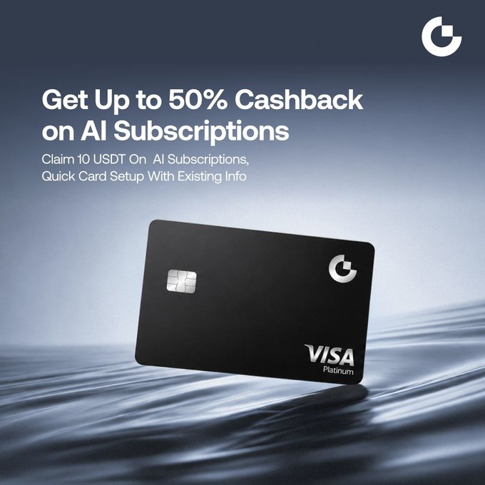 A sleek black Gate Card (Visa Platinum) floats above rippling water with promotional text reading "Get Up to 50% Cashback on AI Subscriptions — Claim 10 USDT On AI Subscriptions, Quick Card Setup With Existing Info," directly illustrating the post's offer to earn cashback rewards when subscribing to ChatGPT or Claude through the Gate Card.