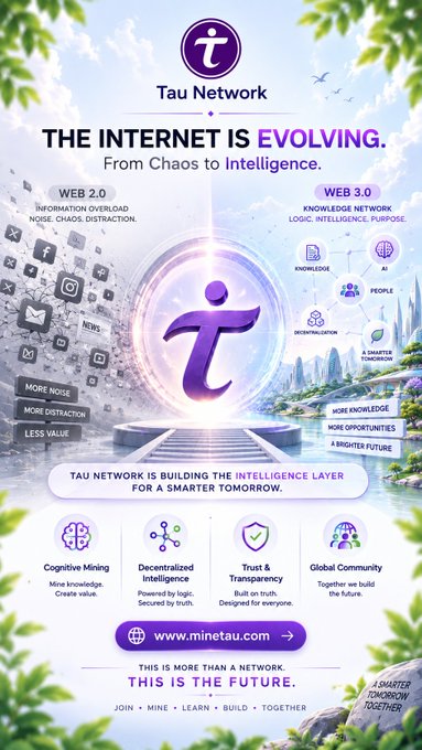 A promotional graphic for **Tau Network** featuring its purple "t" logo, contrasting **Web 2.0** ("Information overload, noise, chaos, distraction") with **Web 3.0** ("Knowledge Network, logic, intelligence, purpose"), and highlighting four pillars: **Cognitive Mining**, **Decentralized Intelligence**, **Trust & Transparency**, and **Global Community**, with the website **www.minetau.com**. The tagline "This is more than a network. This is the future." reinforces the post's message about evolving the internet from chaos to decentralized intelligence.