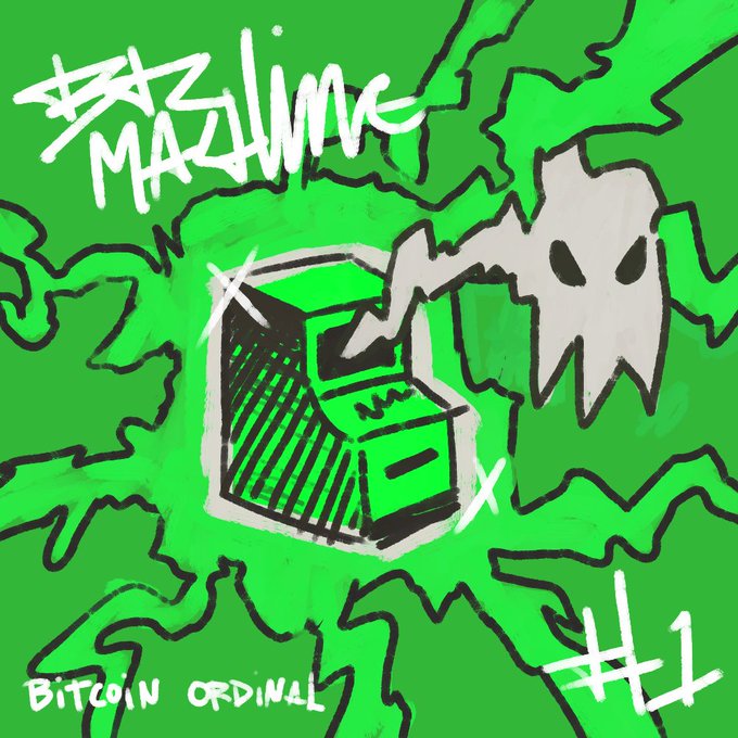 Graffiti-style artwork on a bright green background features a ghost figure and a box, with handwritten text reading '#SZNLINE MAZLINE', 'Bitcoin Ordinal', and '#1'.