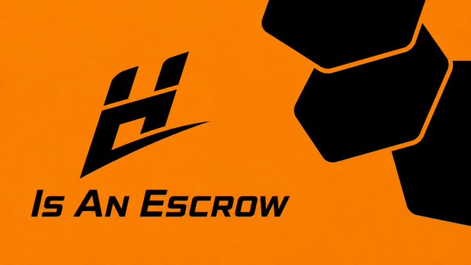 An orange graphic with a black stylized "H" logo and text reading "Is An Escrow," accompanied by black geometric shapes resembling a hand or fist on the right side.