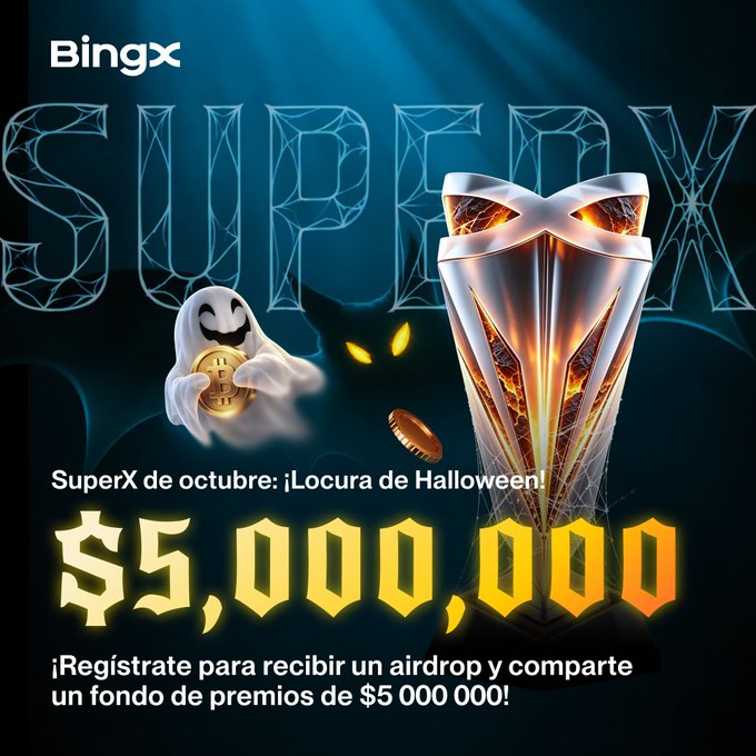 A Halloween-themed promotional graphic for BingX 'SuperX' featuring a ghost holding a coin and a trophy, with text in Spanish advertising a $5,000,000 prize pool and an airdrop.