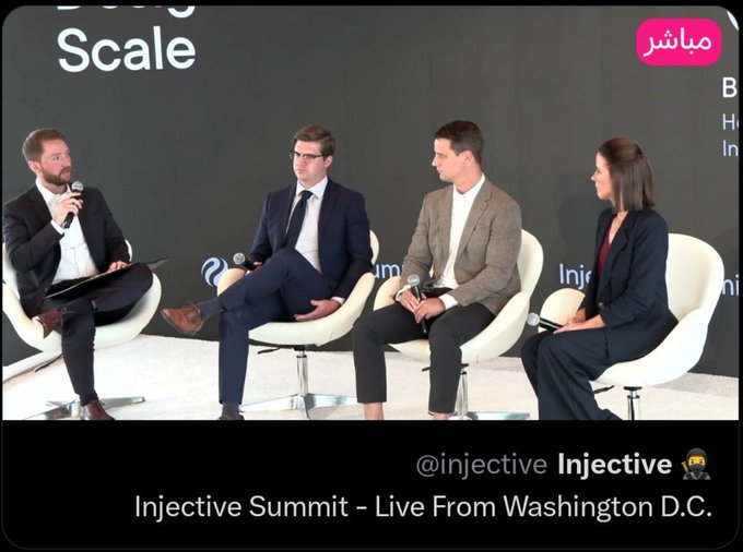 A panel discussion at the 'Injective Summit' in Washington D.C., featuring four speakers seated on stage with the '@injective' handle visible.