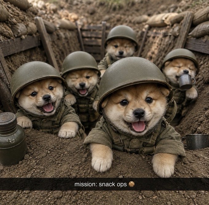 A group of Shiba Inu puppies dressed in miniature military helmets and gear sit in a dirt trench, with text reading 'mission: snack ops'.
