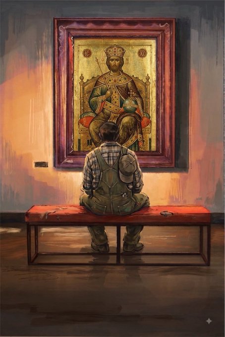 A man with a backpack sits on a red bench, gazing up at a large golden religious icon depicting a crowned figure on a throne. The reverent, prayer-like scene visually mirrors the post's themes of faith, conviction, and "praise the Lord," symbolizing steadfast belief—suggesting the poster is expressing unwavering confidence in holding their position ("don't sell") as a season of gains begins.