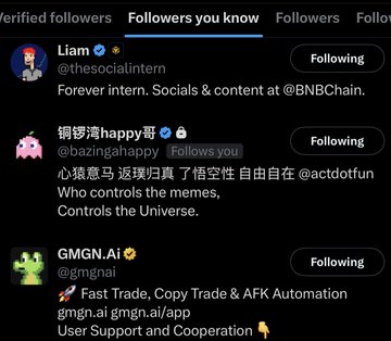 A screenshot of the "Followers you know" section on an X (Twitter) profile, showing that accounts belonging to Liam (@thesocialintern, a Socials & content lead at @BNBChain), Bazingahappy (@bazingahappy), and GMGN.AI (@mgmgnai) all follow the displayed user. The image supports the post's claim that the anonymous wallet/contract address "0x460d7be7a926310676508c486d216f1dee367777" is connected to prominent BSC ecosystem figures like Liam and BNB Chain developers.