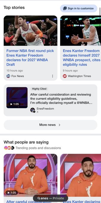 The image shows news headlines and social media posts about former NBA player Enes Kanter Freedom declaring himself eligible for the 2027 WNBA Draft. This relates to the post as it explains the "viral" news about $ENES being discussed.