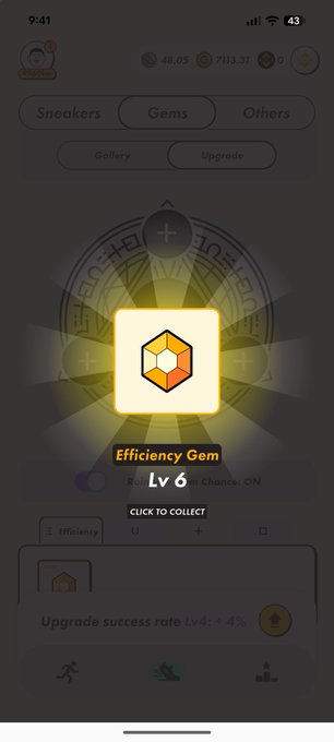 The image shows a phone screen with an app icon displayed, which appears to be a game or puzzle. The main focus of the image is a small yellow diamond-shaped object that has been highlighted within the app. This object could possibly represent a gemstone or a key in the game. The background of the image is white and it seems like there are some text elements on the screen, but they do not seem to be directly related to the main content of the image.

The post appears to be about a stepn (Japanese for "step") that has been completed or achieved within the app. It suggests that the user has successfully completed a certain task or reached a milestone in their progress. The post also mentions upgrading success rate, which could imply that the user's performance in the game has improved over time due to their efforts and dedication.