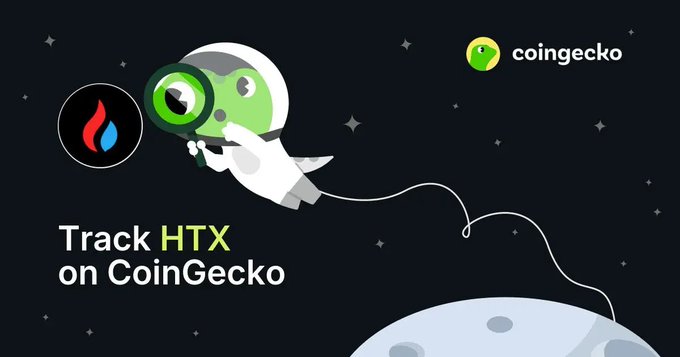 A promotional graphic featuring an astronaut frog mascot with the text 'Track HTX on CoinGecko' and a flame logo.