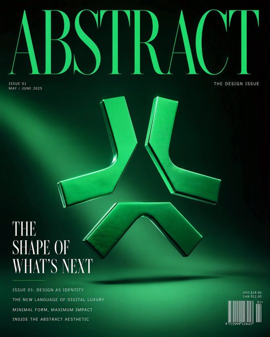 A magazine cover titled 'ABSTRACT' - Issue 01, The Design Issue, May/June 2025, featuring a green abstract 3D shape and the headline 'THE SHAPE OF WHAT'S NEXT'.