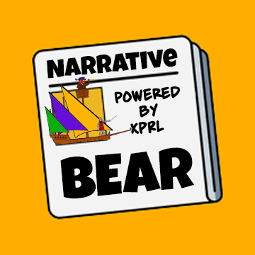 A cartoon-style logo on an orange background shows a white book cover with the text 'NARRATIVE POWERED BY XPRL BEAR' and an illustration of characters in a boat.