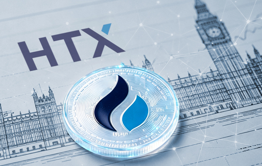 The image features the HTX logo and a cryptocurrency coin displayed in the foreground against a backdrop of the UK Houses of Parliament and Big Ben, symbolizing the UK Financial Conduct Authority's settlement talks with the HTX exchange over alleged illegal crypto promotions to UK consumers.