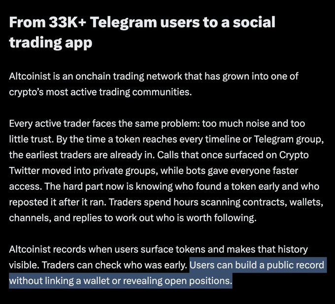 The image displays a promotional announcement for Altcoinist, highlighting its evolution from 33K+ Telegram users into a social trading app. The text explains how Altcoinist solves trading signal transparency by recording when users surface tokens, allowing traders to verify who discovered tokens early—without linking wallets or revealing positions. This aligns with the post about Altcoinist's app launch ("appgust"), showcasing the platform's growth from a Telegram community into a full-featured trading application.