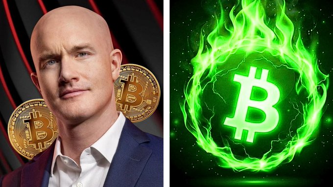 A split image showing a man in a suit on the left with two physical Bitcoin coins behind him, and a glowing green Bitcoin symbol surrounded by flames on the right.