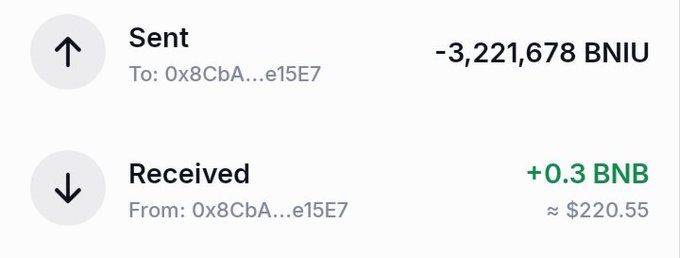 A crypto wallet interface displays a transaction showing 3,221,678 BNIU tokens sent to address 0x8CbA...e15E7, and 0.3 BNB (approximately $220.55) received from the same address.