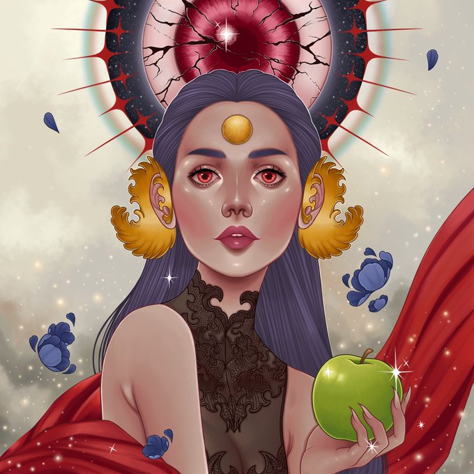 The image features a woman with long hair, wearing earrings and holding an apple. The background of the image has stars scattered throughout, creating a starry night sky effect. The caption for this image reads "Verdant Omen" which is related to the post about the "Starry Night".