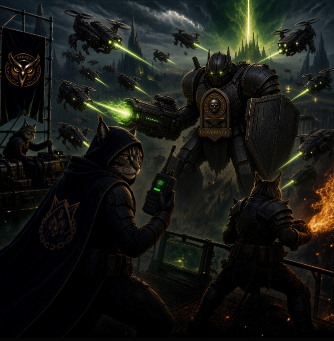 A dark fantasy digital artwork depicting armored cats in cloaks wielding futuristic weapons and a shield against a massive mechanical enemy, with helicopters firing green lasers in the background.