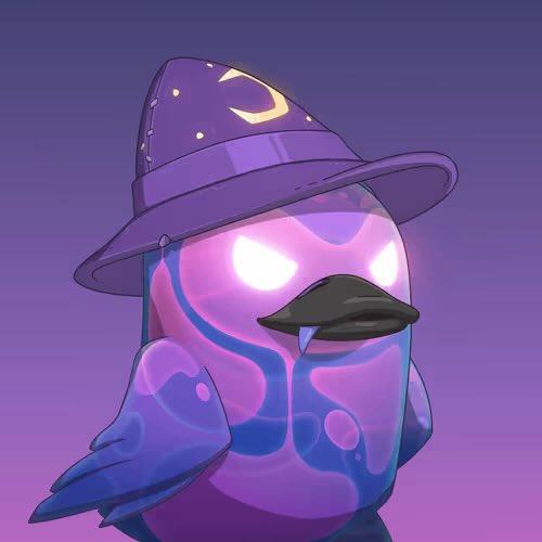 A purple and pink mystical bird character wearing a wide-brimmed wizard hat adorned with a crescent moon and stars, featuring glowing white eyes and a dark beak, set against a purple gradient background. The image reflects the post's theme of "MythicBirbs," likely representing the NFT collection the user is hosting a whale chat for.