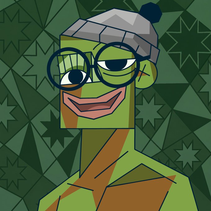 A cartoon frog with glasses and a beanie smiles against a green star-patterned background, fitting the "good morning NFTs" post as a playful, quirky avatar-style illustration often used in crypto/NFT communities.
