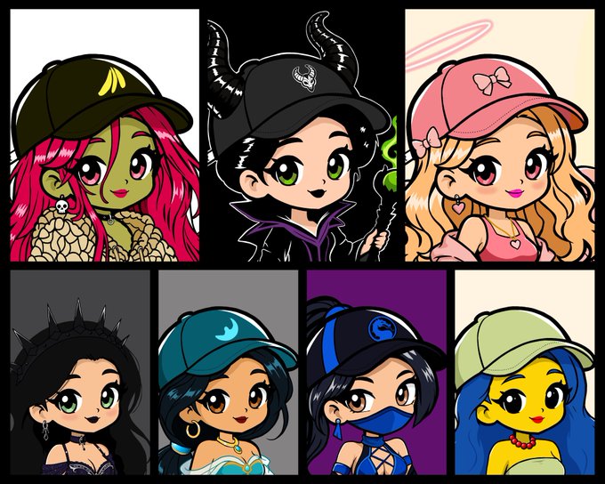 A collage of seven chibi-style cartoon characters, mostly wearing caps or hats, with features including horns, a halo, and varied colorful outfits across multiple panels.