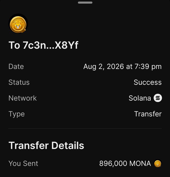 A successful Solana transfer confirmation showing 896,000 MONA tokens sent to a recipient address (7c3n...X8Yf) on August 2, 2026 at 7:39 pm. The image appears to be evidence of a MONA token airdrop or distribution on the Solana network, consistent with the giveaway mentioned in the post.