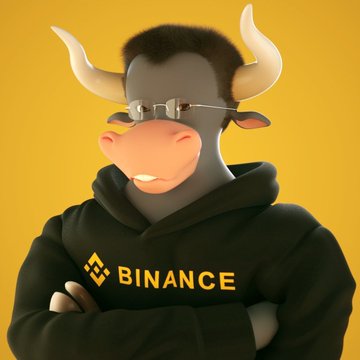 3D-rendered bull mascot with glasses wearing a black hoodie featuring the yellow Binance logo on a yellow background.
