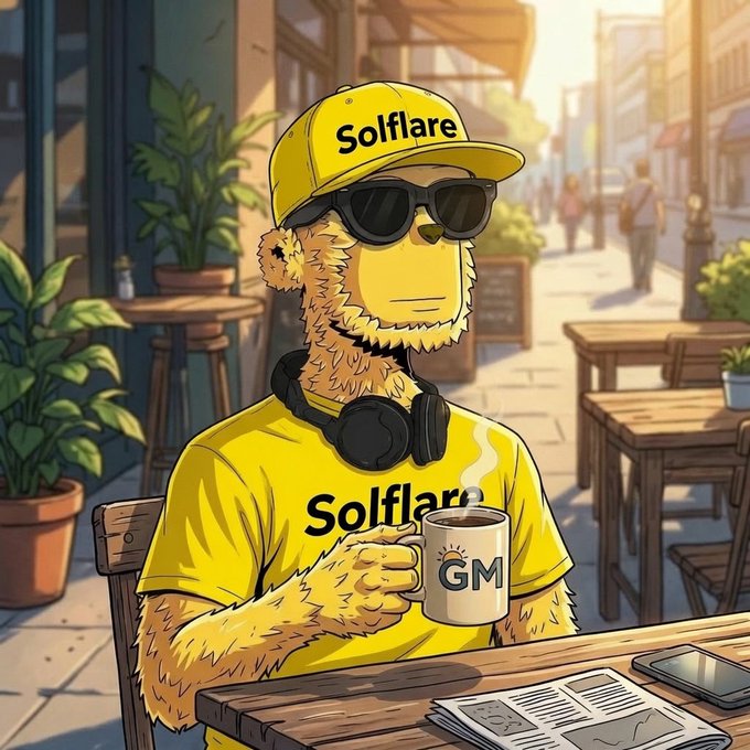 An animated yellow bear character wearing sunglasses, headphones, and a 'Solflare' cap and shirt, sitting at a café table holding a coffee mug labeled 'GM'