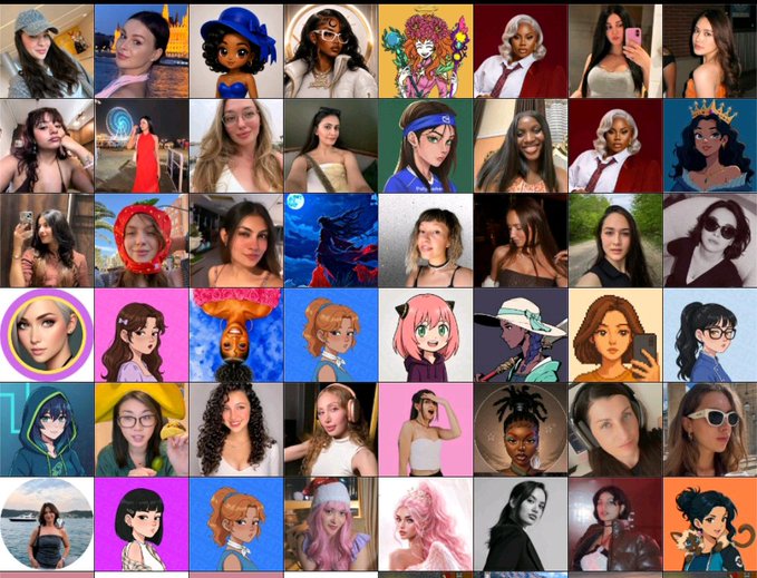 A collage grid of 48 square images features a mix of real women in portraits and animated cartoon characters in various colorful outfits and styles.