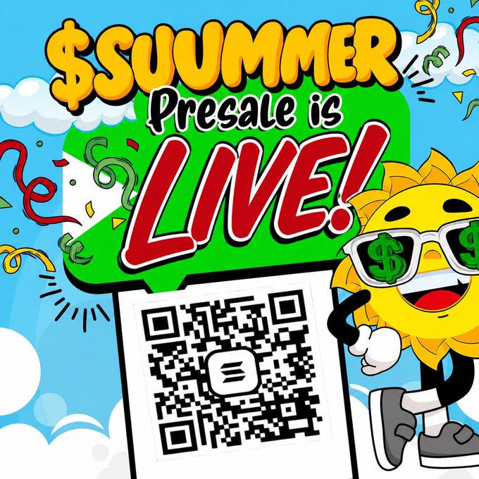 A cheerful sun mascot wearing dollar-sign sunglasses points to a QR code beneath bold text reading "$SUMMER Presale is LIVE!" with colorful confetti bursting around it, visually promoting the sold-out summer token presale event.