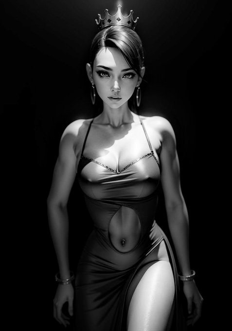 Black and white portrait of a young woman wearing a crown and a dress with a midriff cutout, posed against a dark background.