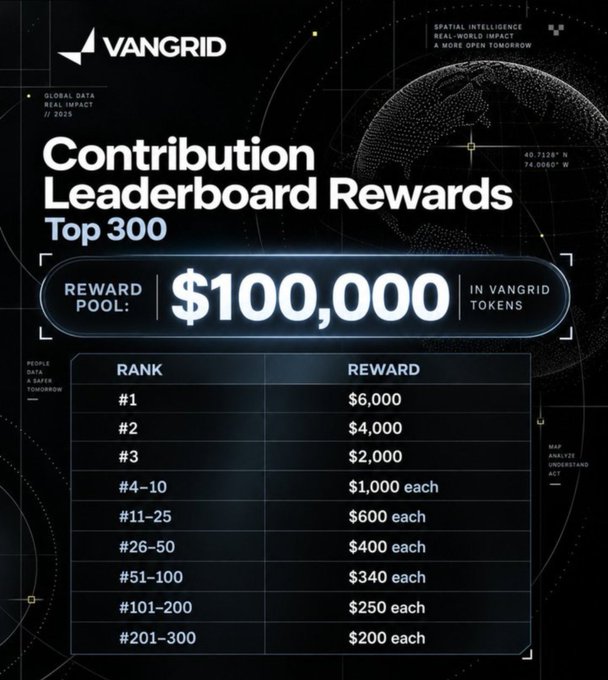 A Vangrid promotional graphic titled 'Contribution Leaderboard Rewards Top 300' showing a $100,000 reward pool in Vangrid tokens, with tiered rewards ranging from $6,000 for rank #1 down to $200 each for ranks #201-300.