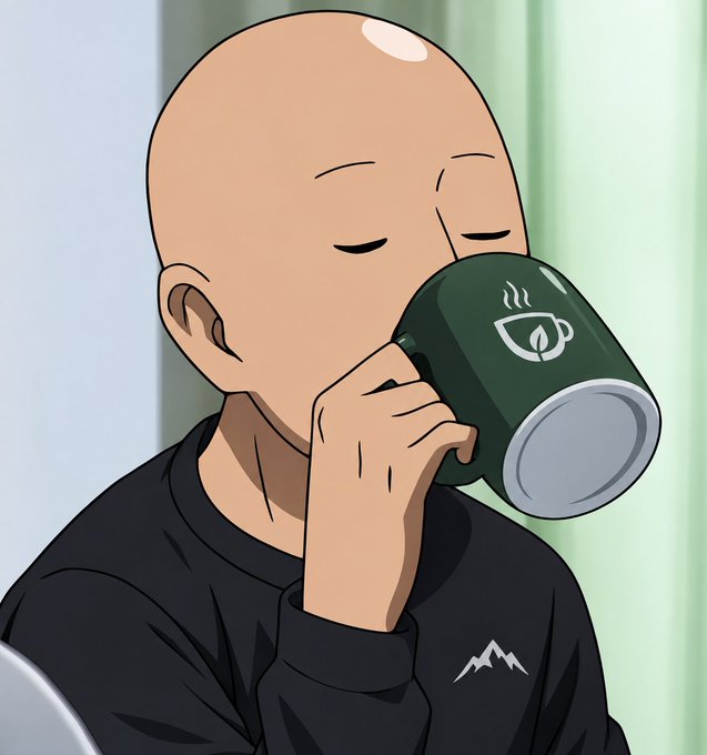 An animated bald character in a black shirt with a mountain logo calmly sips from a green mug featuring a coffee cup emblem. The image pairs perfectly with the caption, depicting a relaxed "good morning" coffee moment paired with amused anticipation of the "world_xyz airdrop."