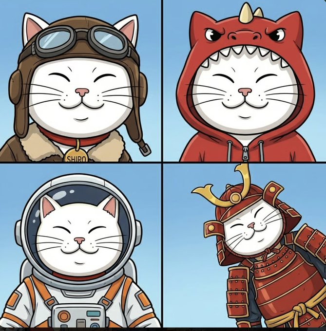 A four-panel cartoon featuring a white cat dressed as a pilot, a red dragon, an astronaut, and a samurai.