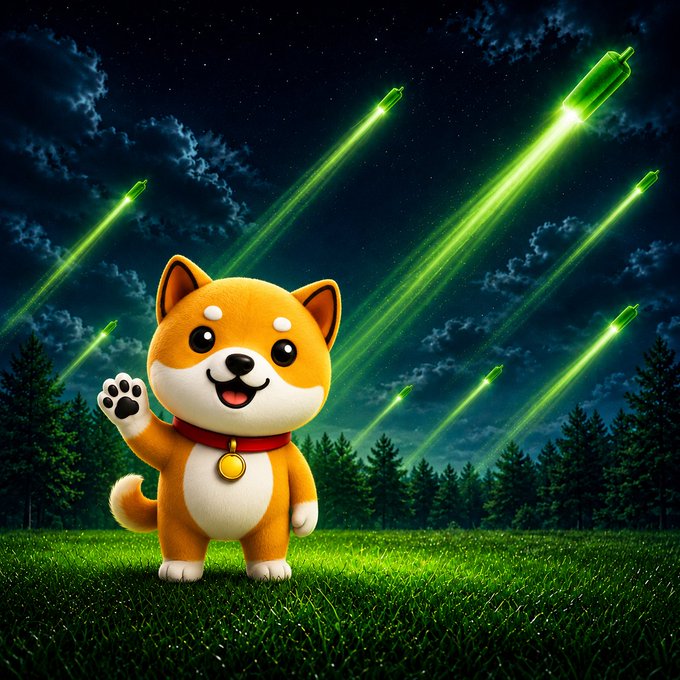 A cartoon Shiba Inu dog character stands on grass at night, waving, with green meteors streaking across a starry sky above a forest of pine trees.