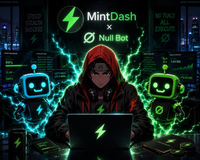 Promotional artwork for 'MintDash x Null Bot' featuring a hooded anime-style character at a laptop with two robots, set against a green neon background.