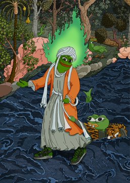 An illustration of a frog-like figure in a robe with a green flame behind its head, walking through a river with a smaller frog wearing a leopard-print hood.