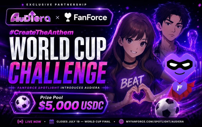 The image features a poster advertising an event called "World Cup Challenge" organized by Audera and Fanforce. The poster showcases two cartoon characters - one male and one female - who are singing together about their love for soccer, with a heart symbolizing their passion. The text on the poster highlights that this is an exclusive partnership between Audera and Fanforce to create an AI football anthem for World Cup 2026 using Audiera's AI agents, Kira & Ray.