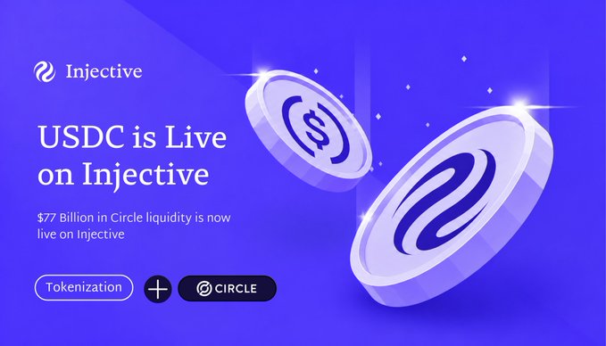 The image features two coins floating in mid-air against a blue background with white text that reads "Native USDC on @injective is not just another stablecoin integration In my opinion, this is one of Injective’s biggest steps toward building real onchain financial markets". The coins are positioned above the text and appear to be floating in front of them.

The image also includes a watermark that reads "tokens on injective" at the bottom right corner.
