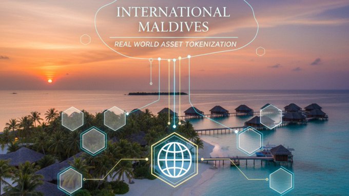 A sunset view of overwater bungalows in the Maldives is overlaid with the text "INTERNATIONAL MALDIVES — REAL WORLD ASSET TOKENIZATION" and a digital network of interconnected hexagonal nodes centered on a globe icon, visually illustrating World Liberty Financial's paused plan to tokenize the loan financing the Trump International Hotel & Resort in the Maldives.