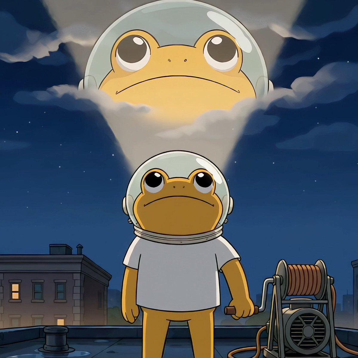 An illustrated scene of a cartoon frog wearing a space helmet and white t-shirt on a rooftop at night, operating a cable spool machine while a spotlight projects a giant image of its melancholy face into the clouds above.