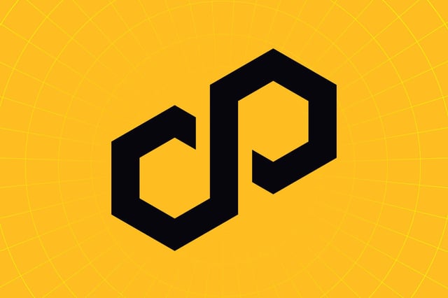 The image features a logo consisting of two black hexagons connected by a line, which is the Polygon logo. The background of the image is yellow with a grid pattern. Below the logo, there is text that reads "Polygon is proud to be on the Fortune Magazine Crypto 100 list." This suggests that the Polygon logo has been recognized for its significance in the crypto world and is being celebrated by the Fortune Magazine.
