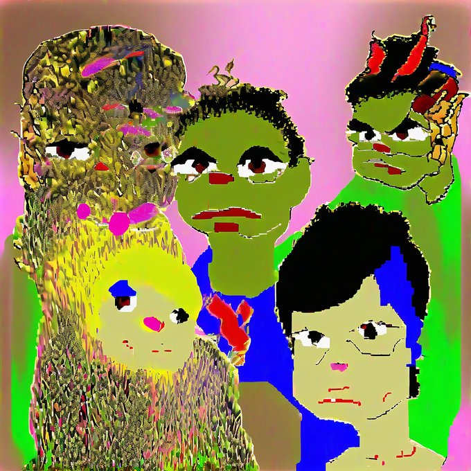 A crude, glitchy digital drawing of five distorted faces with exaggerated features in green, yellow, and skin tones against a pink background.