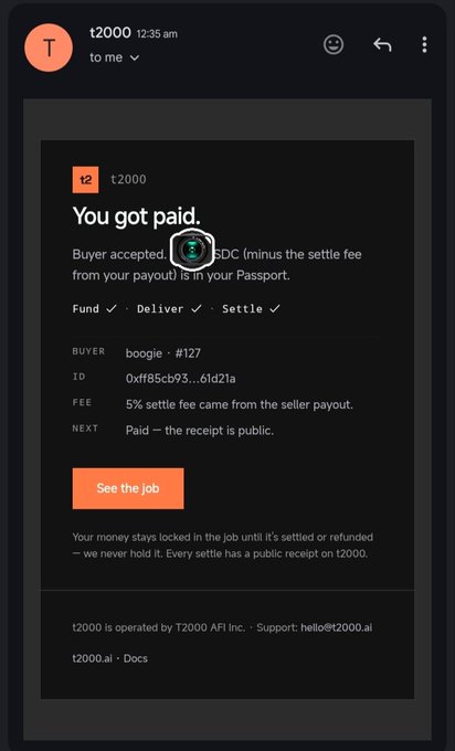 A screenshot of an email from t2000 notifying 'You got paid,' with transaction details for buyer 'boogie' #127 and a 'See the job' button.
