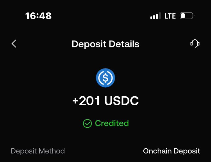 A smartphone screenshot of a deposit confirmation showing "+201 USDC" credited via Onchain Deposit, illustrating the ease of receiving crypto funds directly from home in web3.