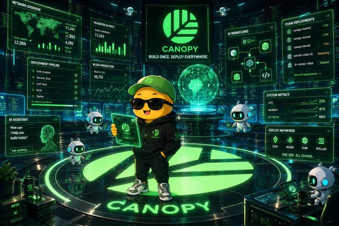 A promotional image for 'CANOPY' with the tagline 'BUILD ONCE. DEPLOY EVERYWHERE', featuring a cartoon mascot in a green cap and sunglasses surrounded by tech dashboard panels showing network overview, validator activity, deployments, and system metrics.