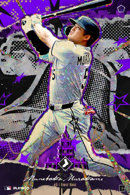 A vibrant, holographic-style MLB baseball card featuring Munetaka Murakami as #5 First Base, shown in a batting pose against a purple and starry background.