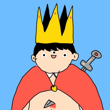 A cartoon illustration depicts a chubby boy wearing a yellow crown and red cape with a sword behind him, appearing as a playful character on a blue background.