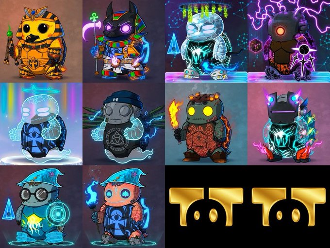 A 3x3 grid of stylized robotic cat-like characters in various vibrant designs featuring Egyptian, magical, and futuristic themes with glowing elements.