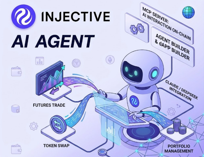 The image features a cartoon robot with a human-like face sitting at a computer desk surrounded by various objects such as coins, a monitor, and a keyboard. The robot appears to be working or playing with these items. In front of the robot is a sign that says "Injective đang dẫn đầu cuộc đua đưa AI Agent bước vào thế giờ đây một AI có thể tự mở vị thế futures, swap token, quản lý". The robot is positioned in front of the sign and seems to be interacting with it.