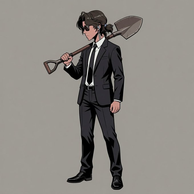 An anime-style illustration of a man in a black suit and sunglasses carrying a shovel over his shoulder, with an earring visible.