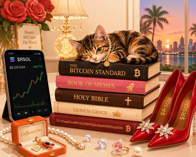 A richly decorated scene featuring a sleeping tabby kitten with a pearl necklace atop a stack of books ('THE BITCOIN STANDARD', 'BOOK OF MEMES', 'HOLY BIBLE', 'LIONESS GRACE'), surrounded by red high heels labeled '$RSOL', a phone showing $RSOL chart (+24.71%), jewelry, roses, and a city sunset view.